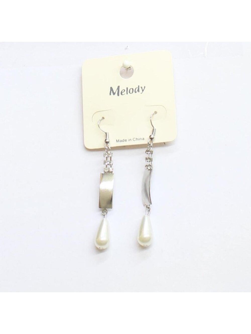 NWT Melody Fashion Dangly Rhinestone Faux Pearl Drop Earrings Silver Gray 2.75"